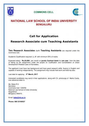 NLSIU, Bengaluru Recruitment 2017 for 02 Research Associates cum Teaching Assistants Posts