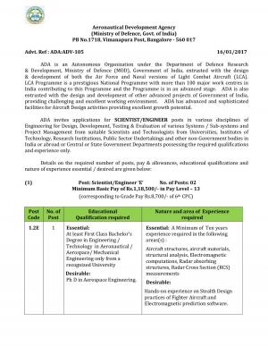 Aeronautical Development Agency Recruitment 2017 for 10 Scientists/Engineer Posts
