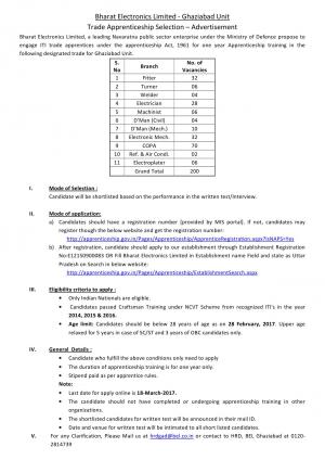 BEL Ghaziabad Recruitment 2017 for 200 Apprenticeship Trainee Posts