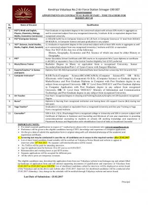 Kendriya Vidyalaya, Srinagar Recruitment 2017 for PGT, TGT, PRT, and Other Posts