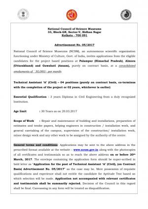 NCSM Recruitment 2017 for 04 Technical Assistant ‘A’ (Civil) Post