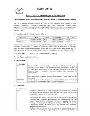 MECON Limited Recruitment 2017 for 02 Executive Director Posts