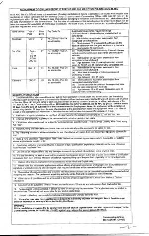 5033 ASC BN (Civ GT), C/O 99 APO Recruitment 2017 for 10 Dvr (OG) & Other Posts