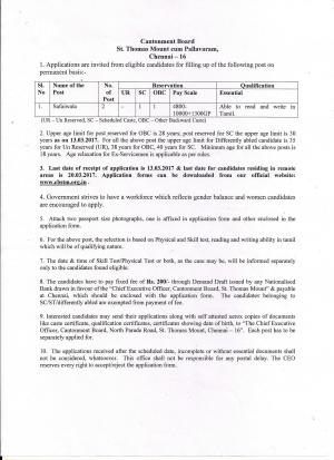 Cantonment Board, Chennai  Recruitment 2017 for 02 Safaiwala Posts