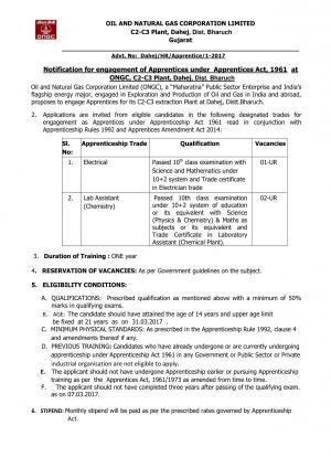 ONGC Recruitment 2017 for 03 Electrical Apprentices & Lab Assistant (Chemistry) Posts 