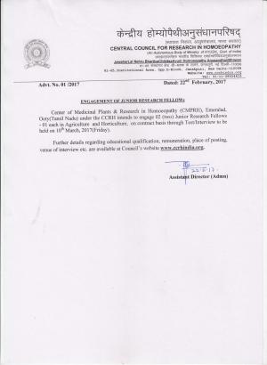 CCRH Recruitment 2017 for 2 Junior Research Fellow Posts