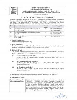 CONCOR Recruitment 2017 for 3 General Manager & Other Posts