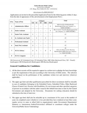 Zakir Husain Delhi College Recruitment 2017 for 15 MTS and Other Posts
