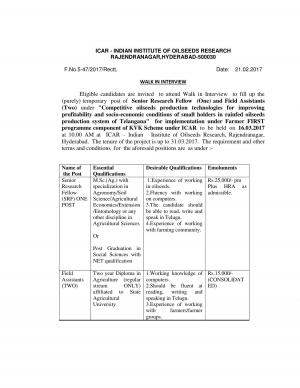 IIOR Recruitment 2017 for 03 Senior Research Fellow & Field Assistant Posts 