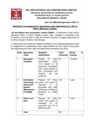 ONGC, Kolkata Recruitment 2017 for 16 Secretarial Assistant & Other Posts 