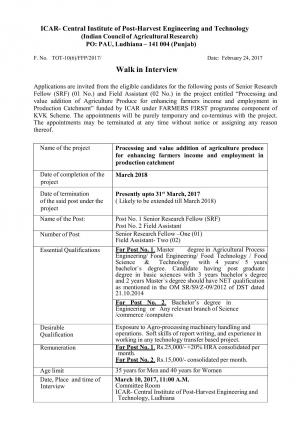 ICAR-CIPHET Recruitment 2017 for 03 Field Assistant & SRF posts