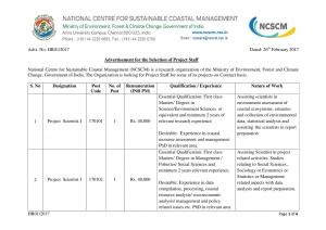 NCSCM Recruitment 2017 for 04 Project Scientist, Project Associate & Field Assistant Posts