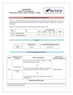 RITES Recruitment 2017, Postgraduates can apply for 2 Manager Posts
