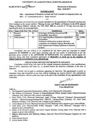 UAS, Dharwad Recruitment 2017 for 03 Research Assistant and Field Assistant Posts