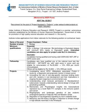 IISER, Tirupati Recruitment 2017 for 15 Project Assistant/Fellow Posts  