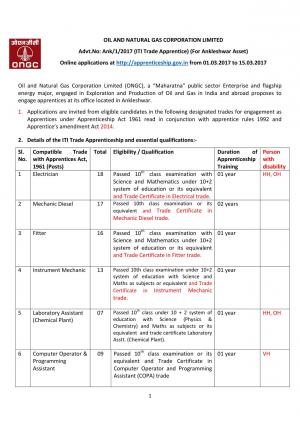 ONGC,  Ankleshwar Recruitment 2017,  ITI Tradesman can apply for  111 Trade Apprentice Posts