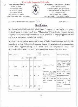 Northern Coalfields Limited Recruitment 2017 for 432 Trade Apprentice Posts 