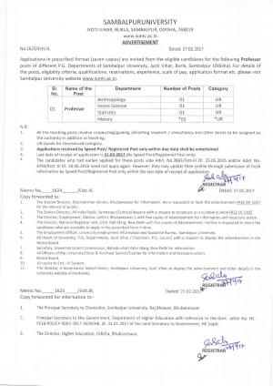 Sambalpur University Recruitment 2017 for 26 Posts of Professors, Readers & Others