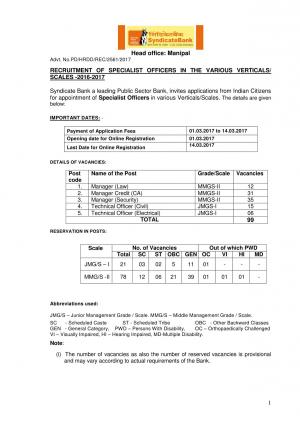 Syndicate Bank Recruitment 2017, Apply for 99 Posts of Specialist Officers in Law, Civil and Others