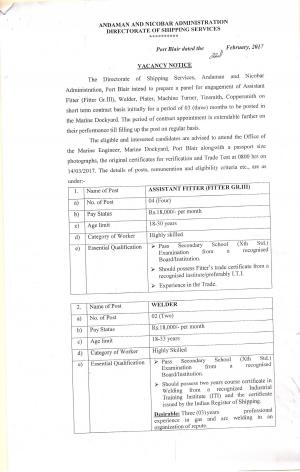 Andaman & Nicobar Admin. Recruitment 2017 for 12 Assistant Fitter & Other Posts
