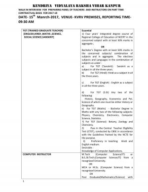 Kendriya Vidyalaya, Raksha Vihar Kanpur Recruitment 2017 for PGT, TGT, PRT, and Other Posts  