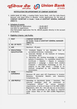 Union Bank of India, Mumbai 2017 Recruitment for Company Secretary Post