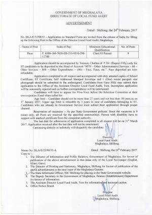 Dir. Of Local Fund Audit, Meghalaya Recruitment 2017 for 09 Peon Posts