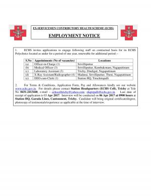 ECHS, Trichy Recruitment for 12 Office –in- Charge and Other Posts