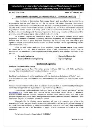 IIITDM, Kurnool Recruitment 2017 for 04 Visiting Faculty Posts
