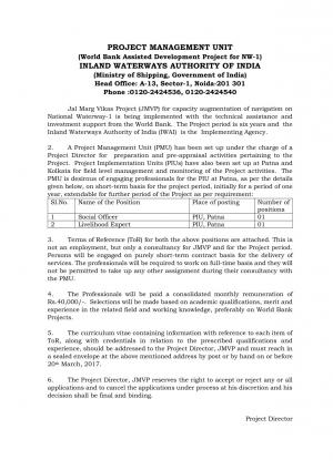 IWAI Recruitment 2017 for 02 Social Officer and Livelihood Expert Posts 