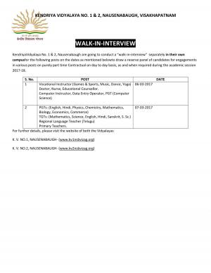 PGT, TGT, PRT and Other Teaching Vacancies at KV Nausenabaugh, Visakhapatnam