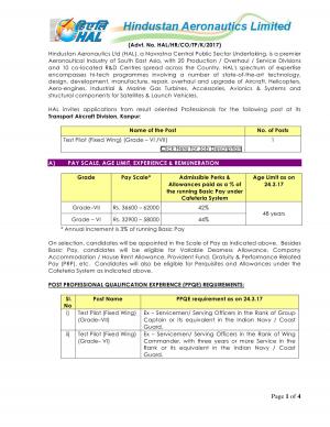 Vacancies at HAL, Apply for Test Pilot Post at www.hal-india.com