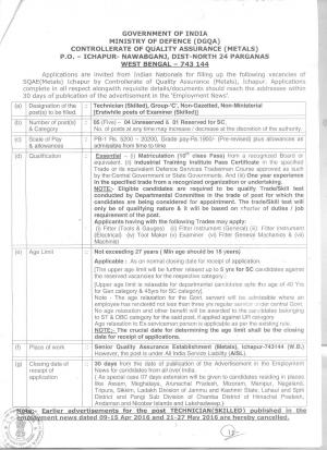 Ministry of Defence Issued Notification for 05 Technician (Skilled) Posts