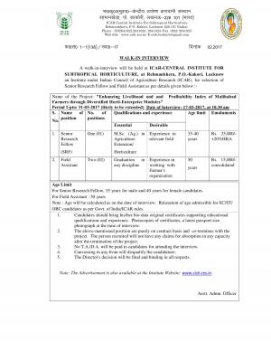 ICAR-CISH Issued Notification for 3 Senior Research Fellow and Field Assistant