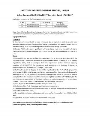 Institute of Development Studies, Jaipur to Recruit 02 Assistant Professors