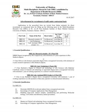 University of Madras to Hire Research Scientist, Lab Technician and Lab Assistant/DEO Posts