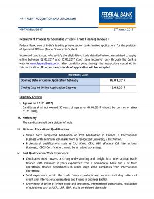 Federal Bank Invited Application for Specialist Officer (Trade Finance) Post 
