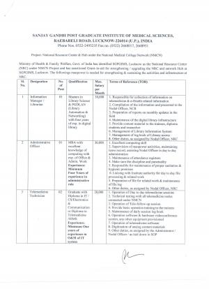 SGPGIMS Invited Applications for 4 Telemedicine Technician and Other Posts