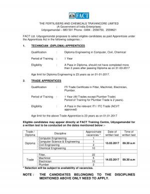 FACT Ltd invites applications for 53 Technician Apprentice Posts