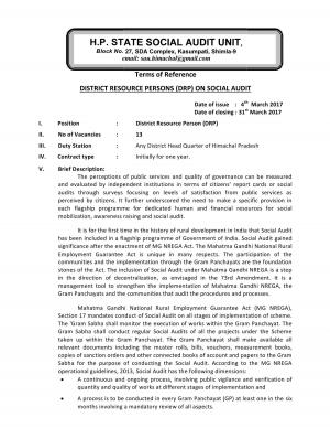 H P State Social Audit Unit Recruitment 2017 for 13 District Resource Person Posts