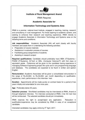 IRMA invited applications for Academic Associate (IT and System) Posts