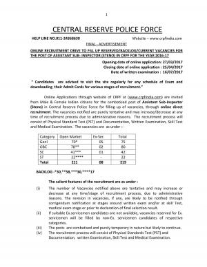 CRPF Invited Applications for 219 Assistant Sub Inspector (STENO) Posts 
