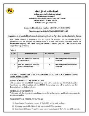 GAIL Issued Notification for 2 Visiting Specialist Doctor for Cardiologist and Encardiologist 