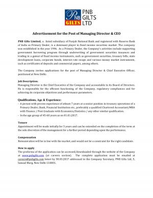 PNB Gilts Ltd Issued Notification For Managing Director and CEO Posts