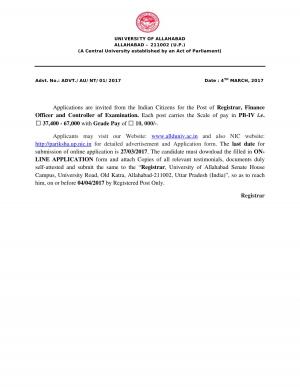 University of Allahabad Issued Notification for 03 Posts of Registrar, Finance Officer and Others