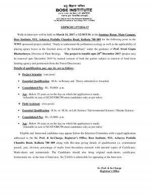 Bose Institute Hiring 2017 for 03 Posts of Project Scientists & Field Assistants
