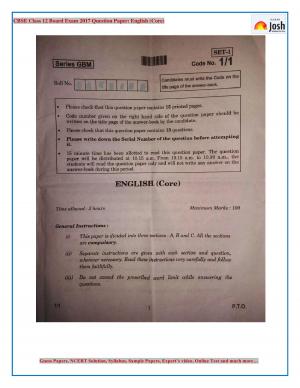 CBSE Class 12 Board Exam 2017 English (Core)Question Paper