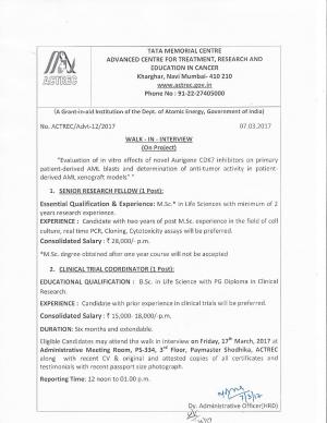 ACTREC Kharghar Invite Applications For 2 Senior Research Fellow And Clinical Trial Coordinator 
