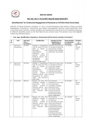 MECON Limited Recruitment 2017 for 22 Executive, Economist & Other posts