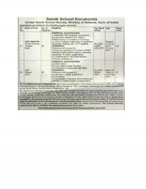 Sainik School, Korukonda Vacancies , Apply  for 02 Assistant Master and LDC Posts